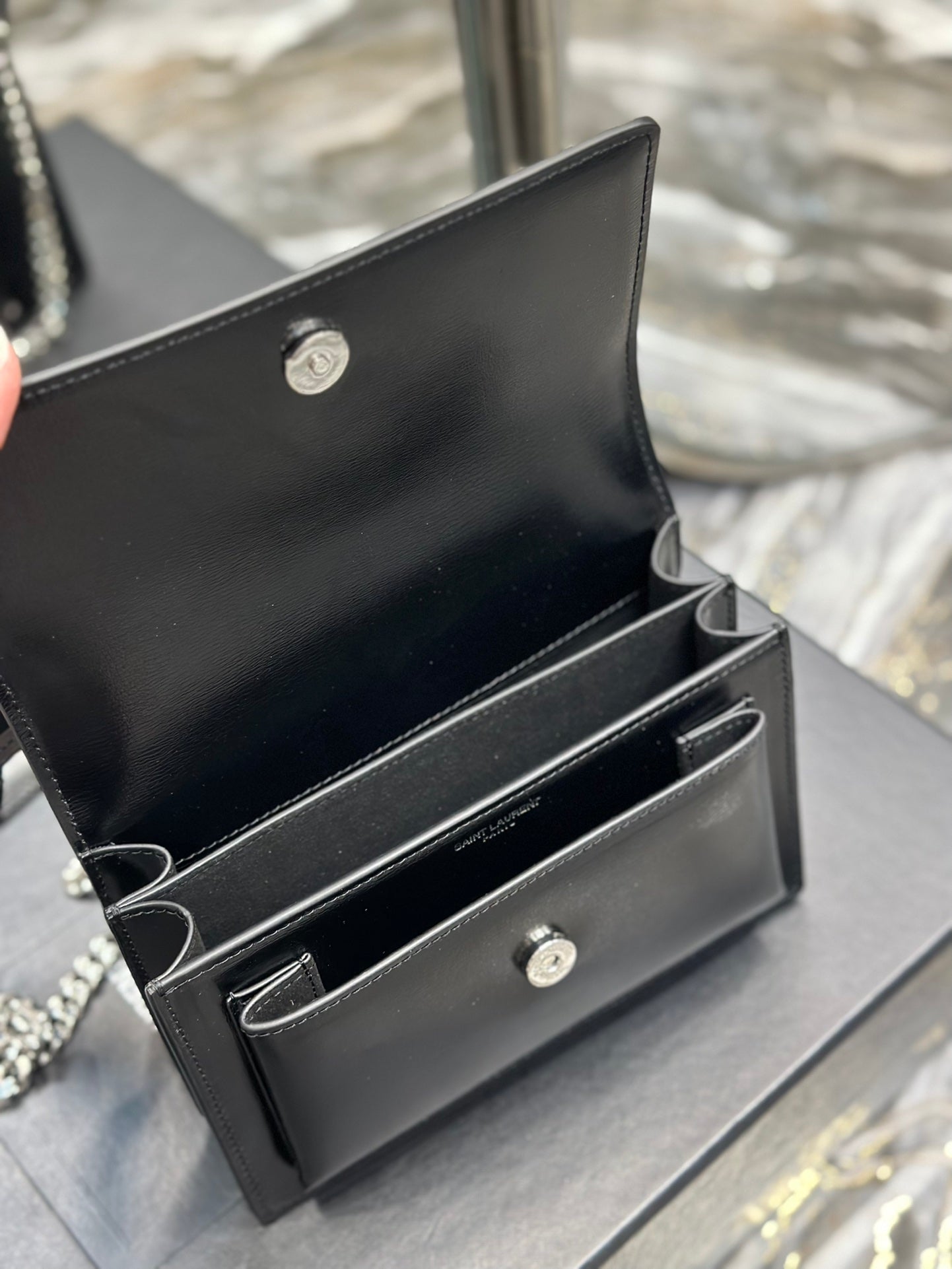 Saint Laurent Sunset Medium Chain Bag in Black Shiny Leather with Silver Hardware