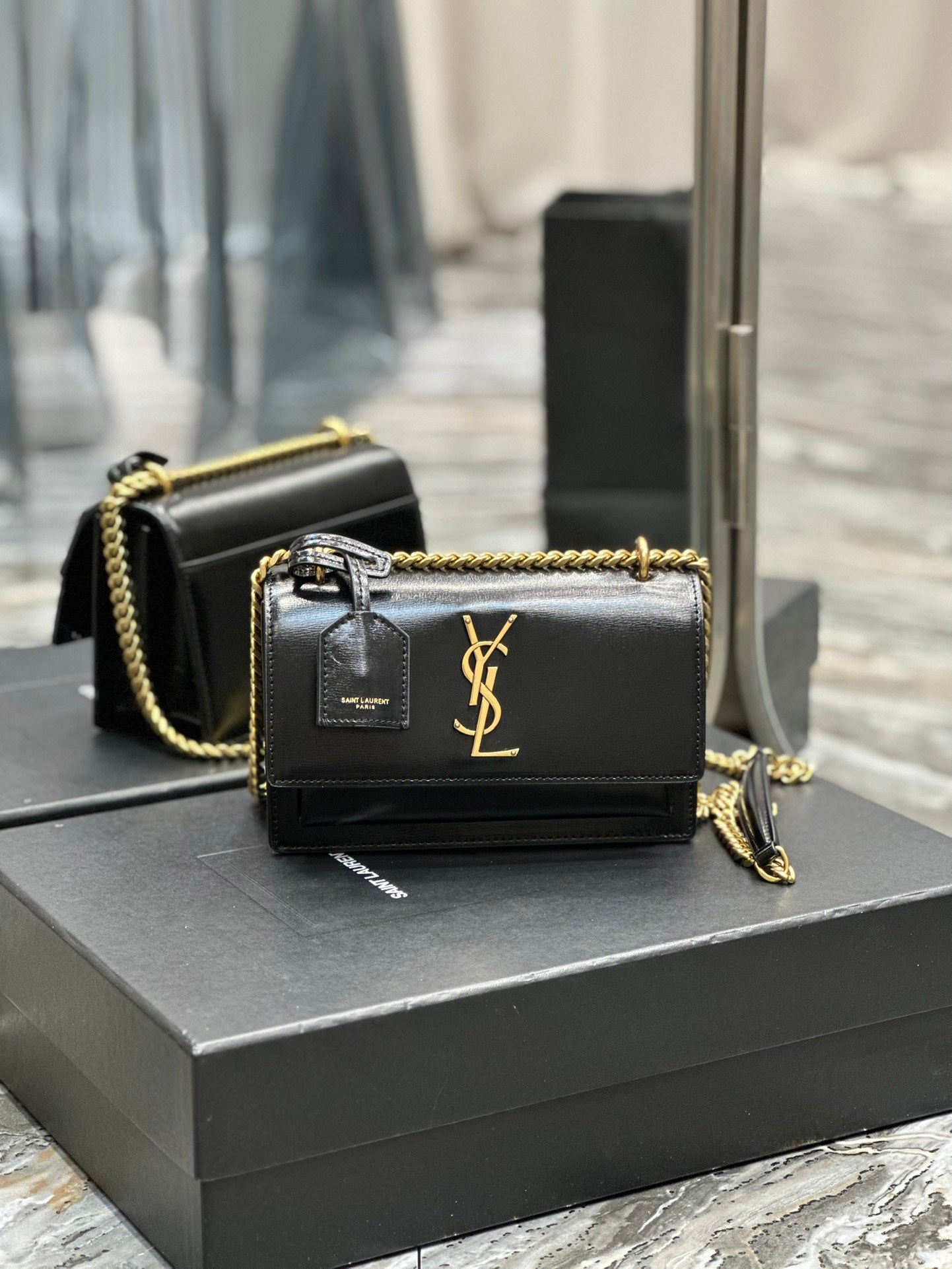 Saint Laurent Sunset Medium Shoulder Bag - Black Smooth Leather with Gold Hardware