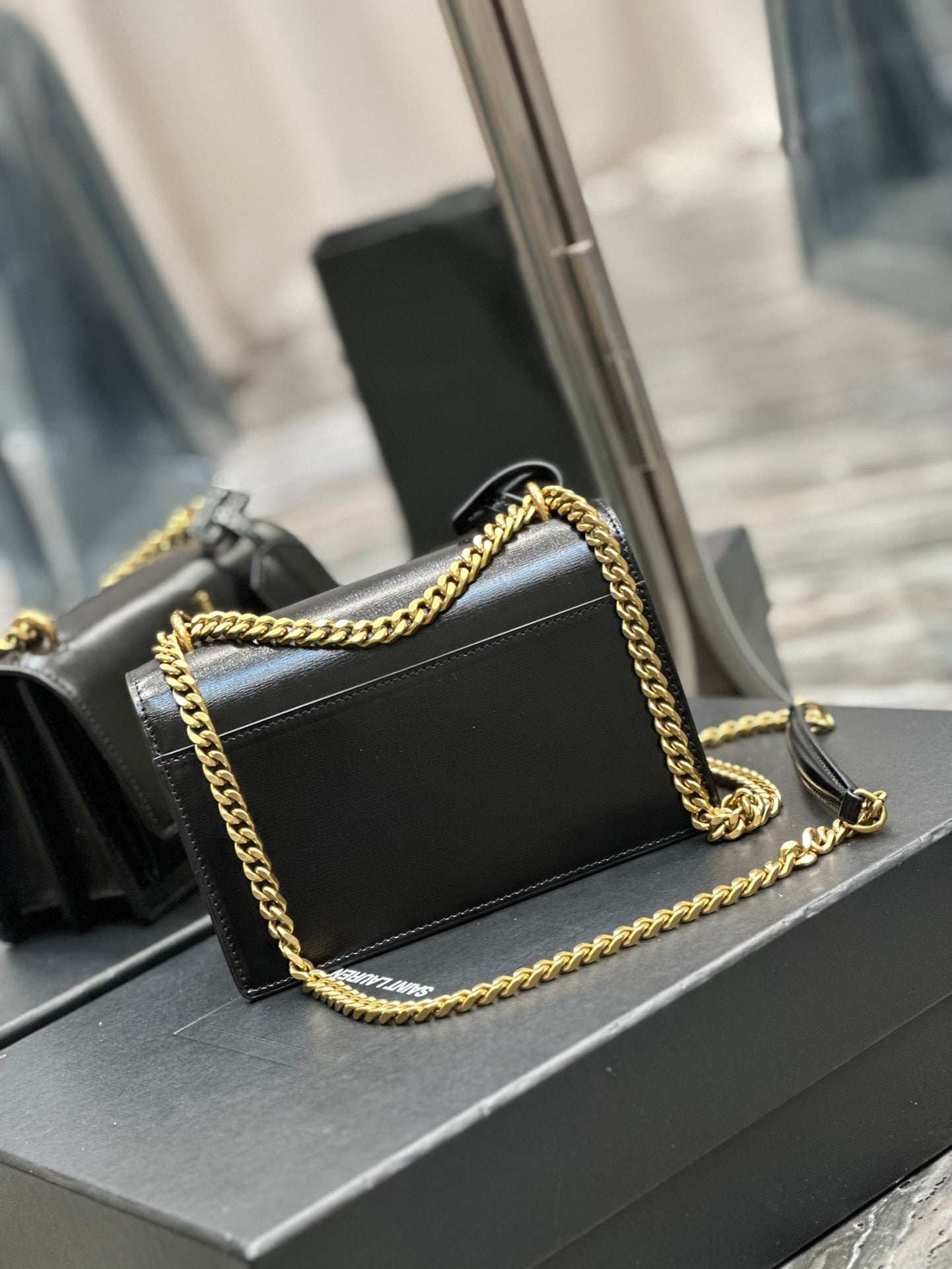 Saint Laurent Sunset Medium Shoulder Bag - Black Smooth Leather with Gold Hardware