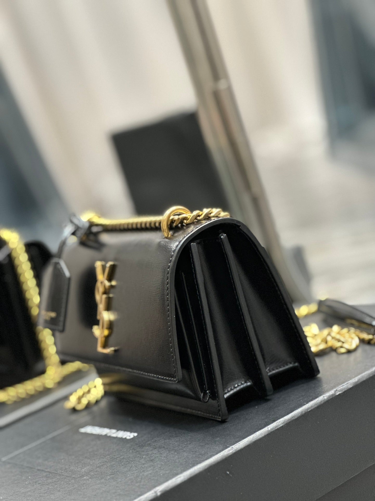 Saint Laurent Sunset Medium Shoulder Bag - Black Smooth Leather with Gold Hardware