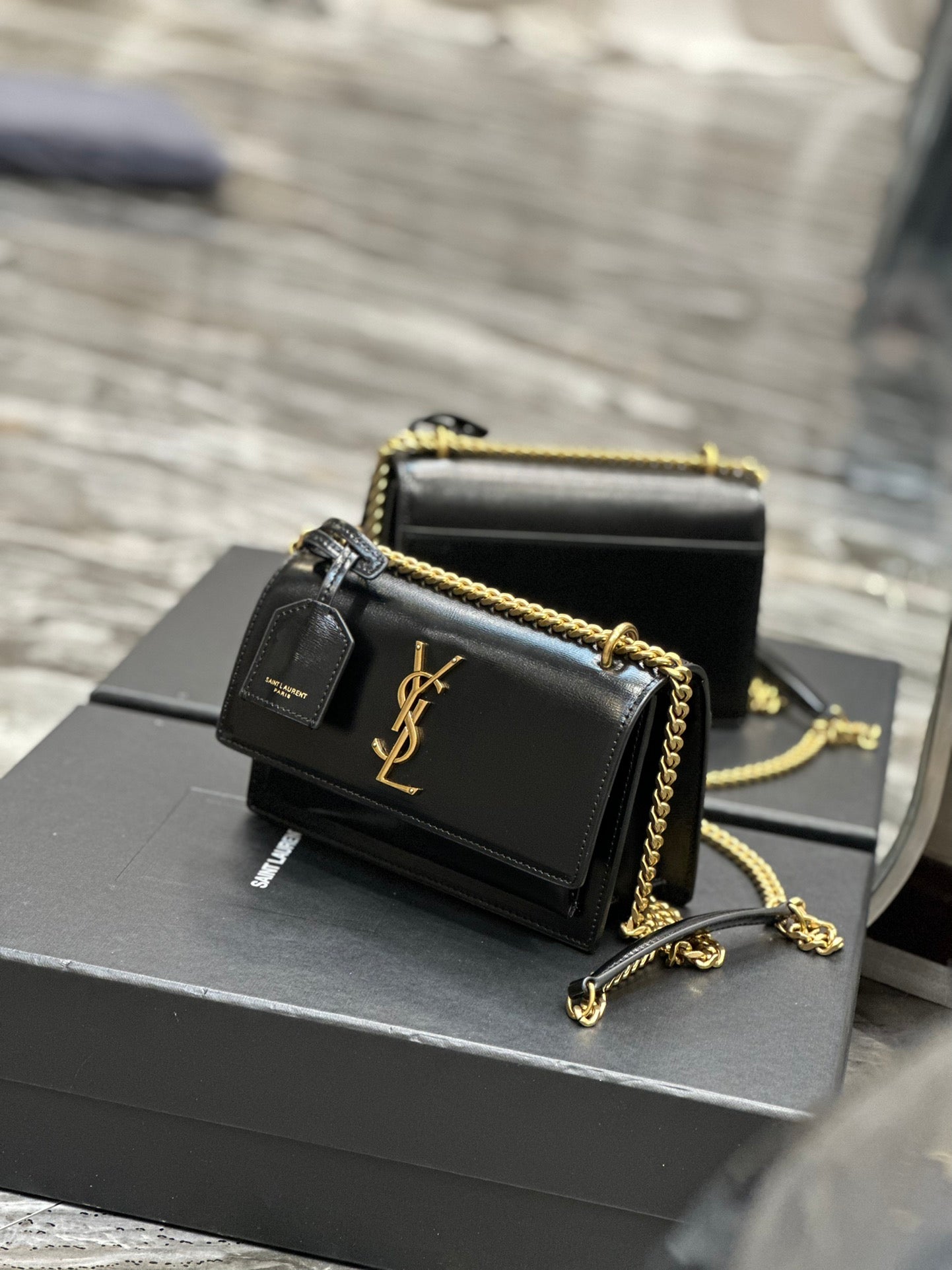 Saint Laurent Sunset Medium Shoulder Bag - Black Smooth Leather with Gold Hardware