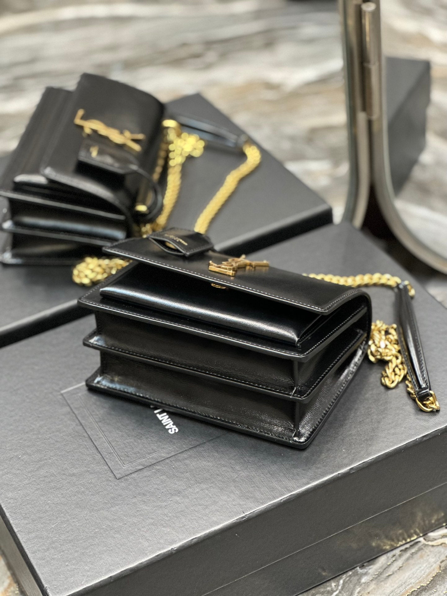 Saint Laurent Sunset Medium Shoulder Bag - Black Smooth Leather with Gold Hardware