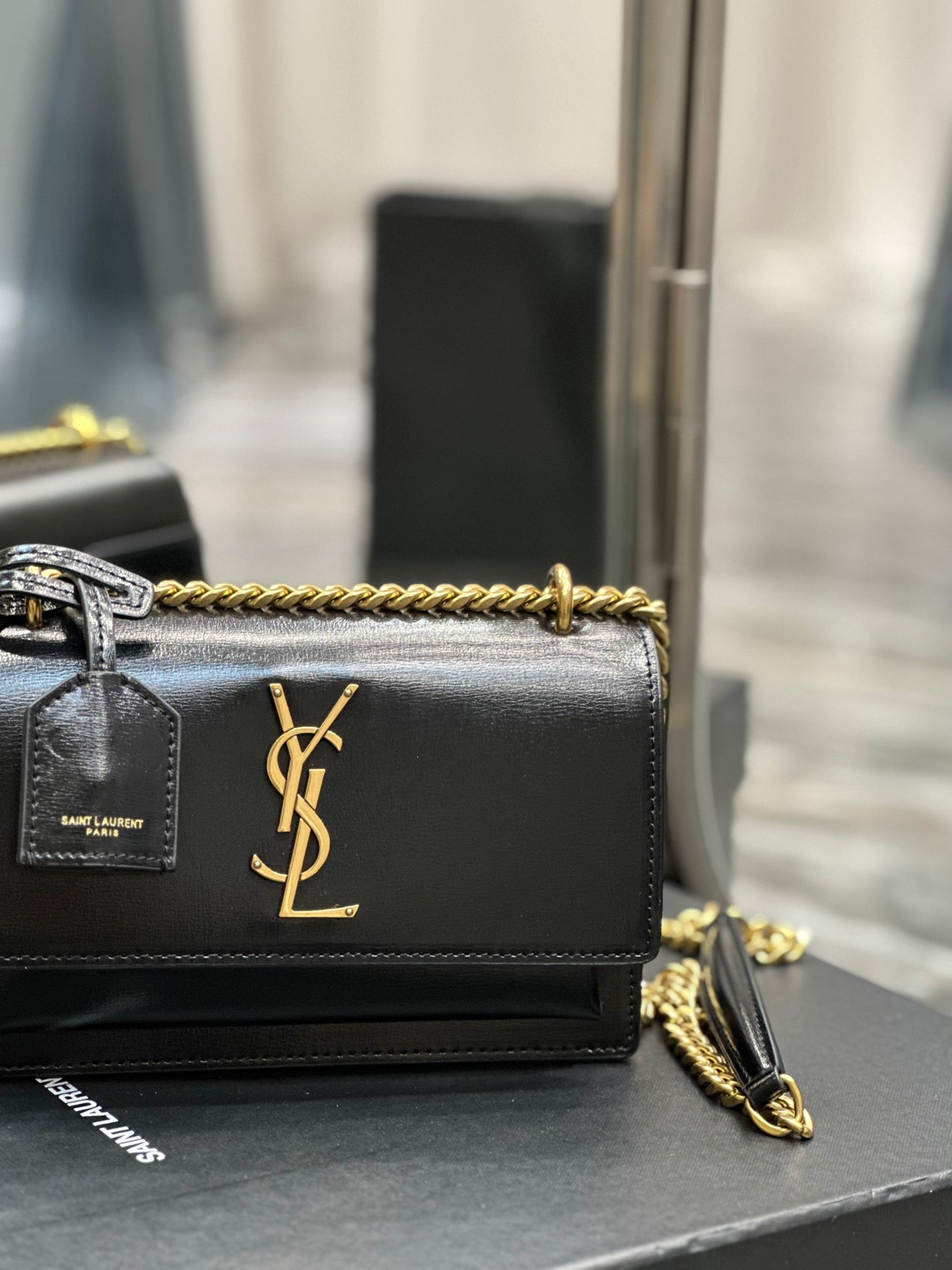 Saint Laurent Sunset Medium Shoulder Bag - Black Smooth Leather with Gold Hardware