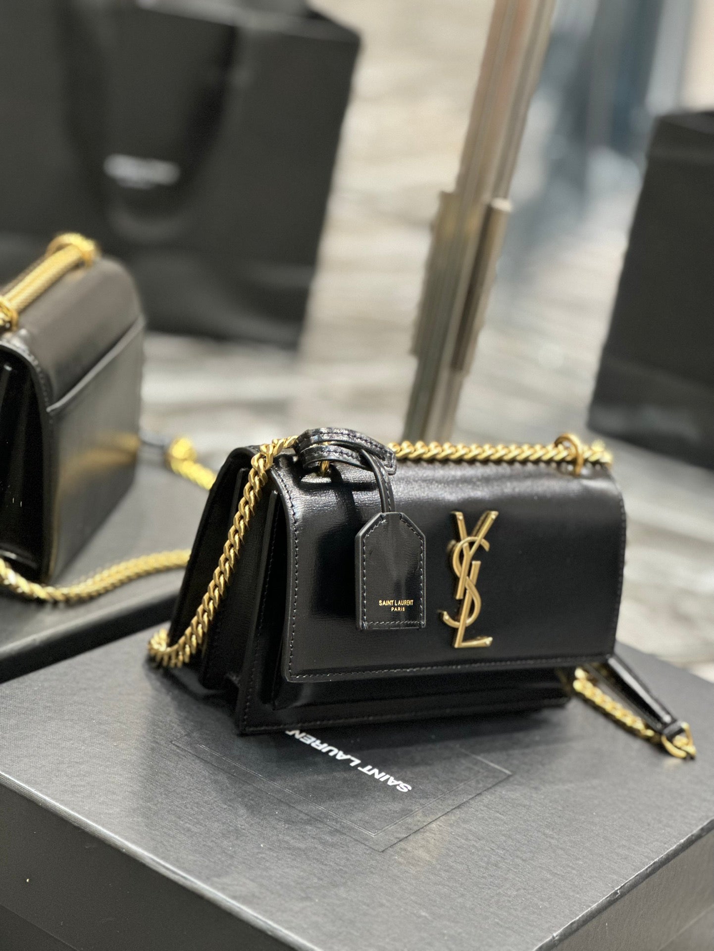 Saint Laurent Sunset Medium Shoulder Bag - Black Smooth Leather with Gold Hardware