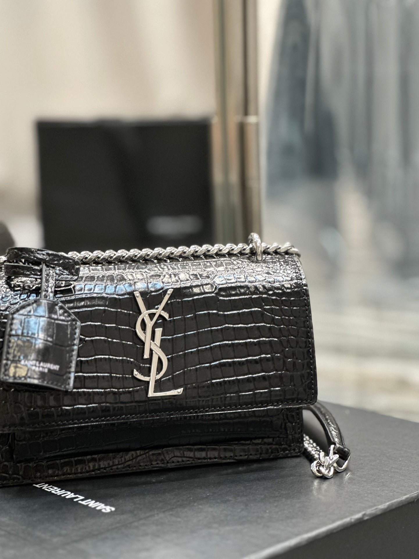 Saint Laurent Sunset Medium Chain Bag in Shiny Crocodile-Embossed Leather - Black
