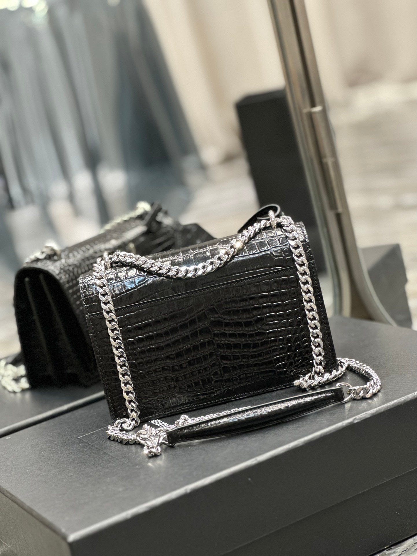 Saint Laurent Sunset Medium Chain Bag in Shiny Crocodile-Embossed Leather - Black