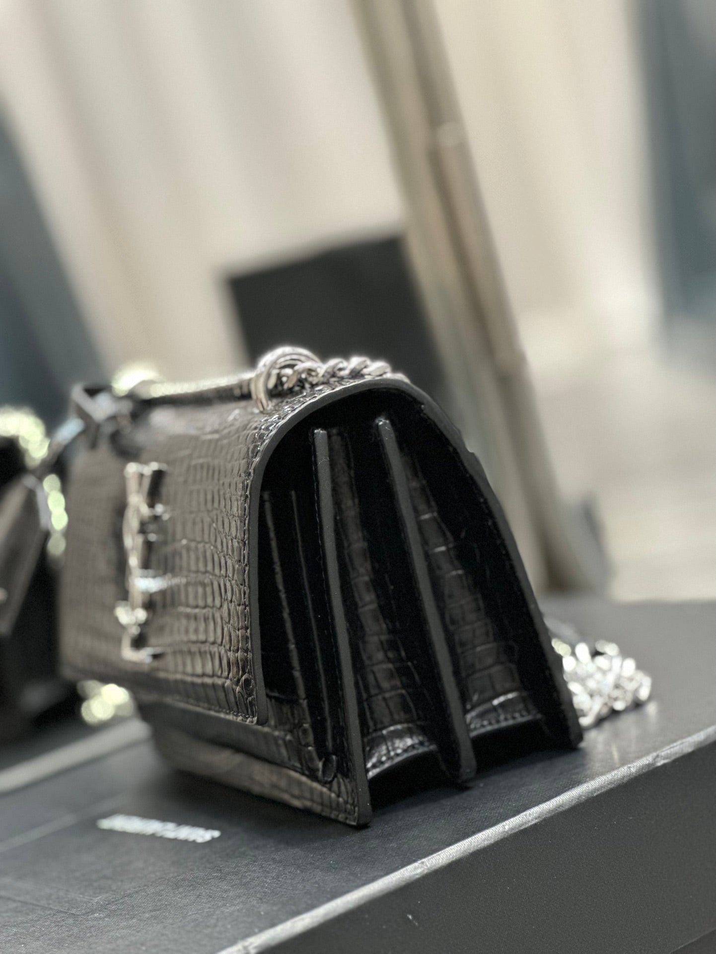 Saint Laurent Sunset Medium Chain Bag in Shiny Crocodile-Embossed Leather - Black