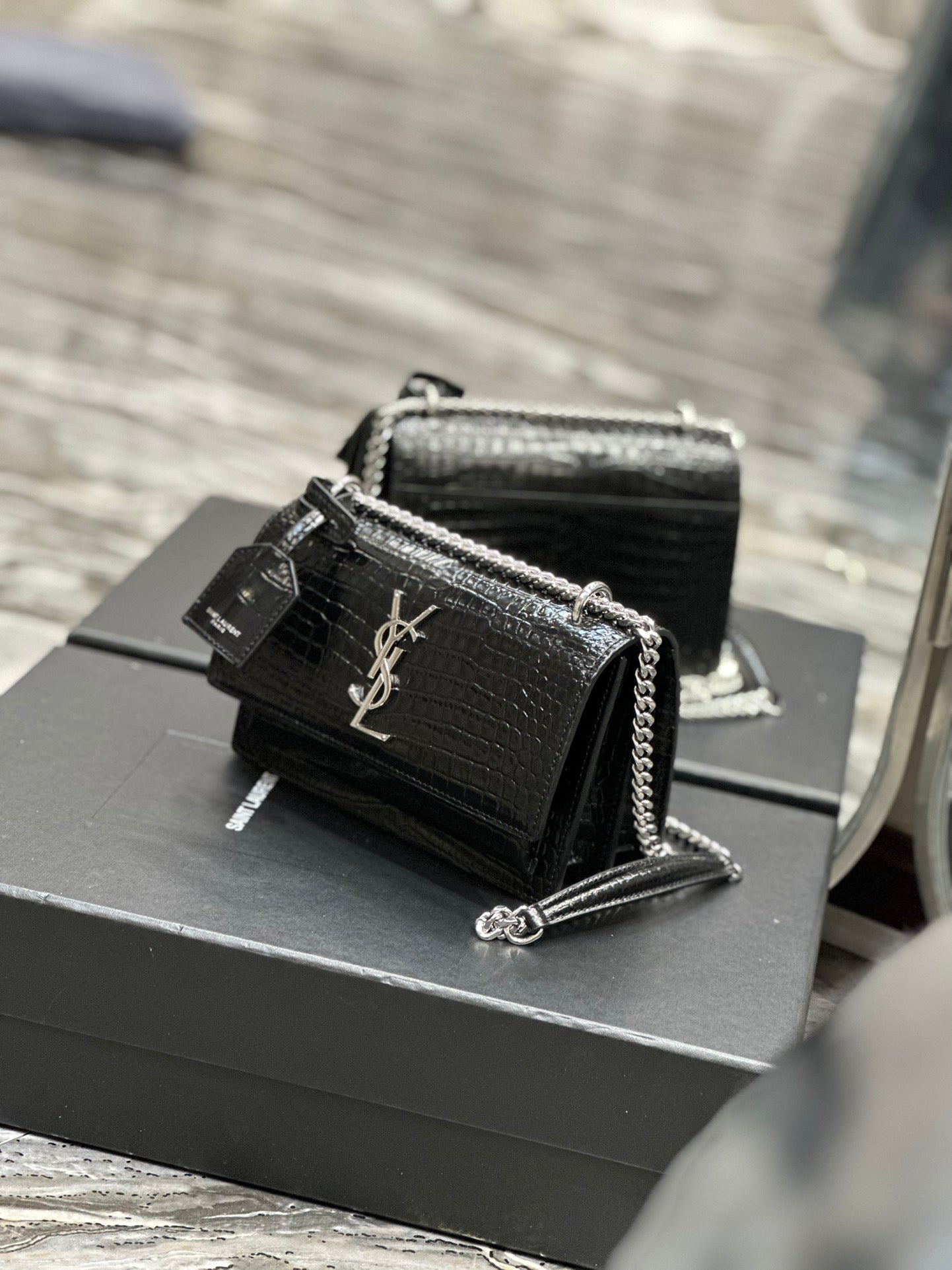 Saint Laurent Sunset Medium Chain Bag in Shiny Crocodile-Embossed Leather - Black