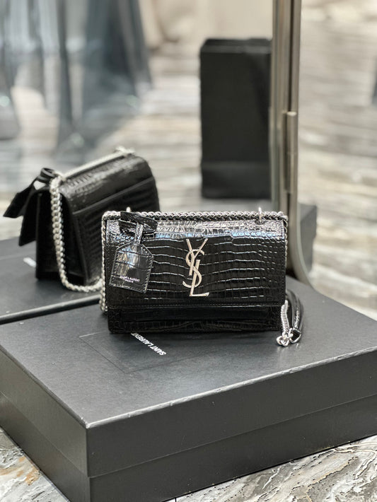 Saint Laurent Sunset Medium Chain Bag in Shiny Crocodile-Embossed Leather - Black