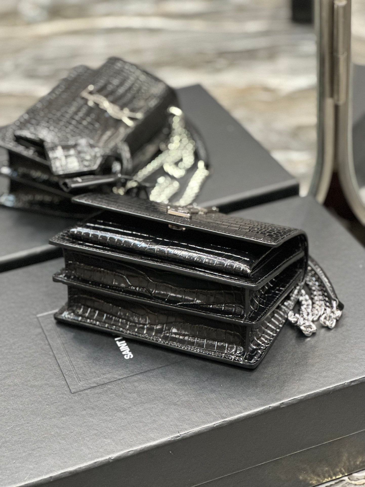 Saint Laurent Sunset Medium Chain Bag in Shiny Crocodile-Embossed Leather - Black