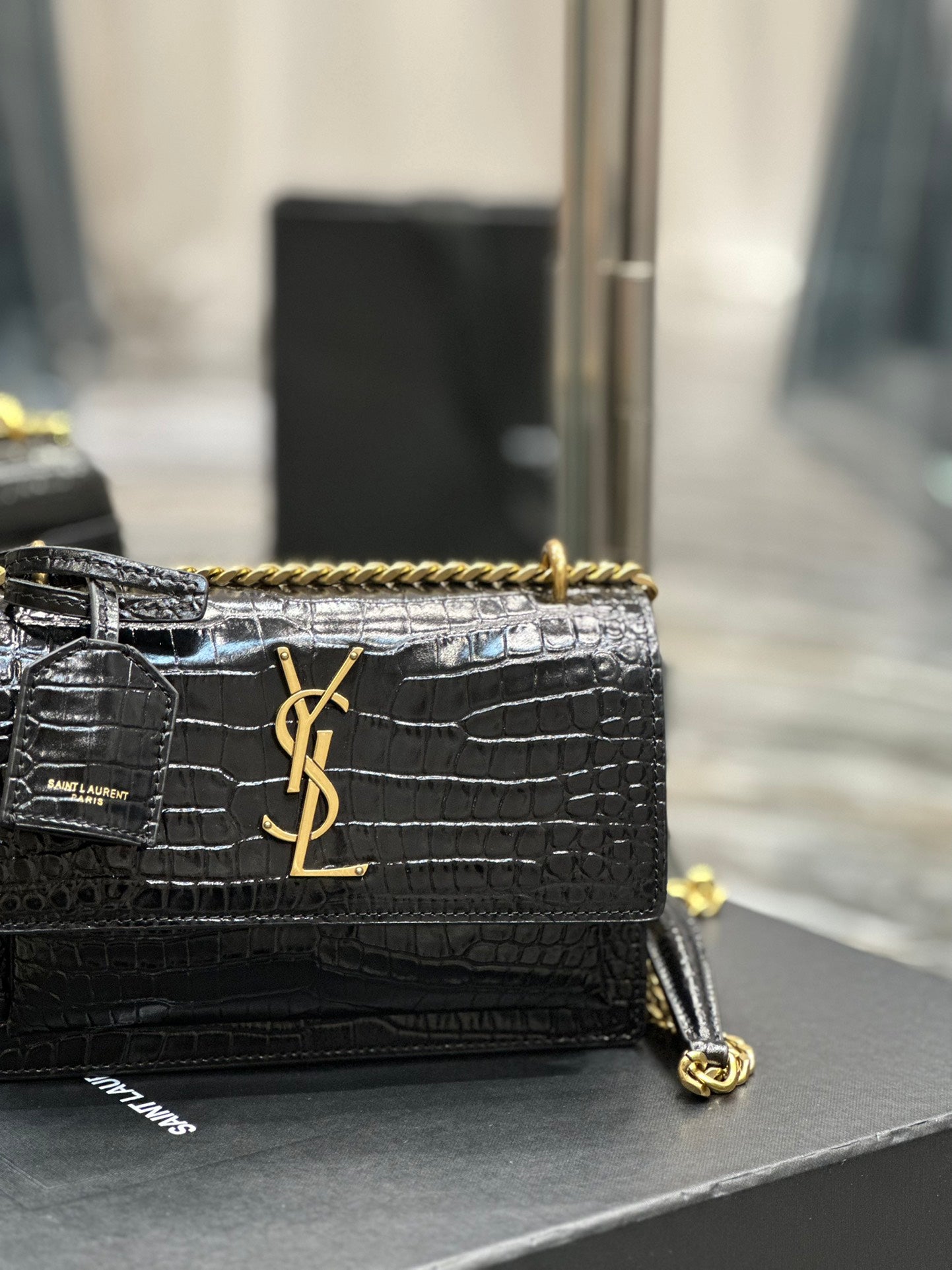 Saint Laurent Sunset Medium Shoulder Bag in Croc-Embossed Leather - Black