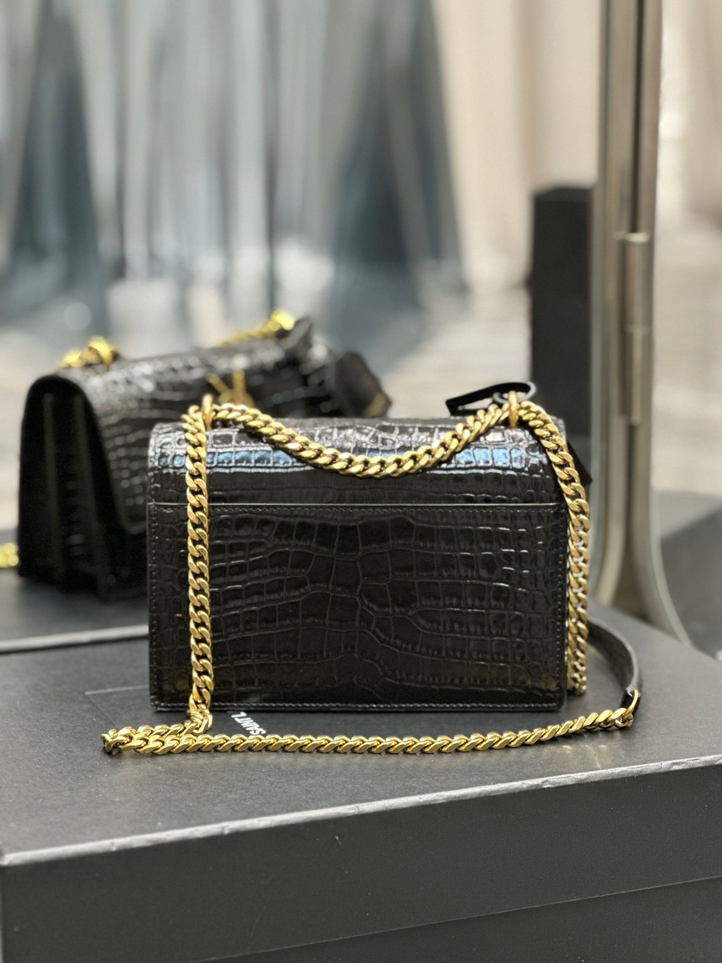 Saint Laurent Sunset Medium Shoulder Bag in Croc-Embossed Leather - Black