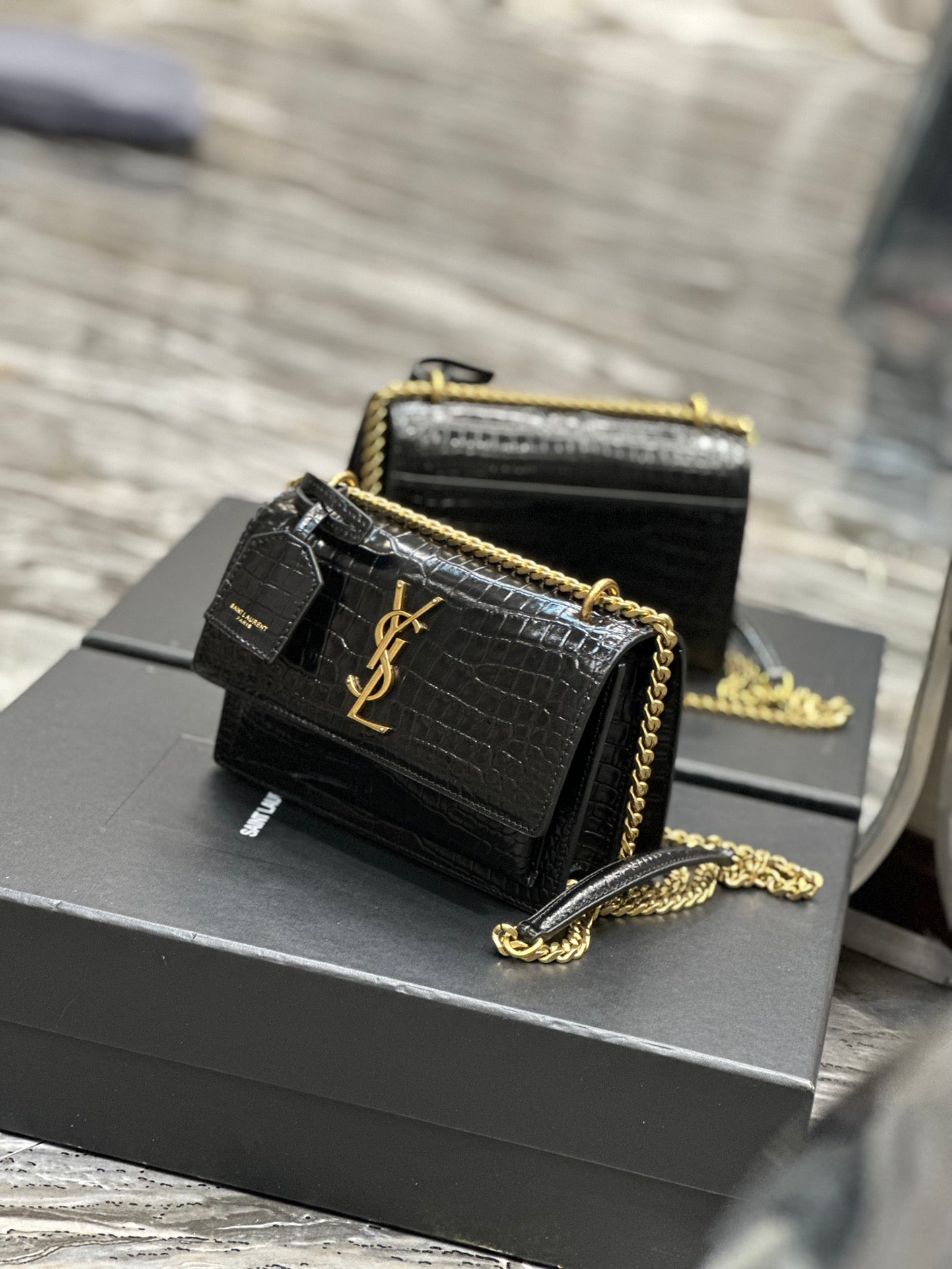 Saint Laurent Sunset Medium Shoulder Bag in Croc-Embossed Leather - Black