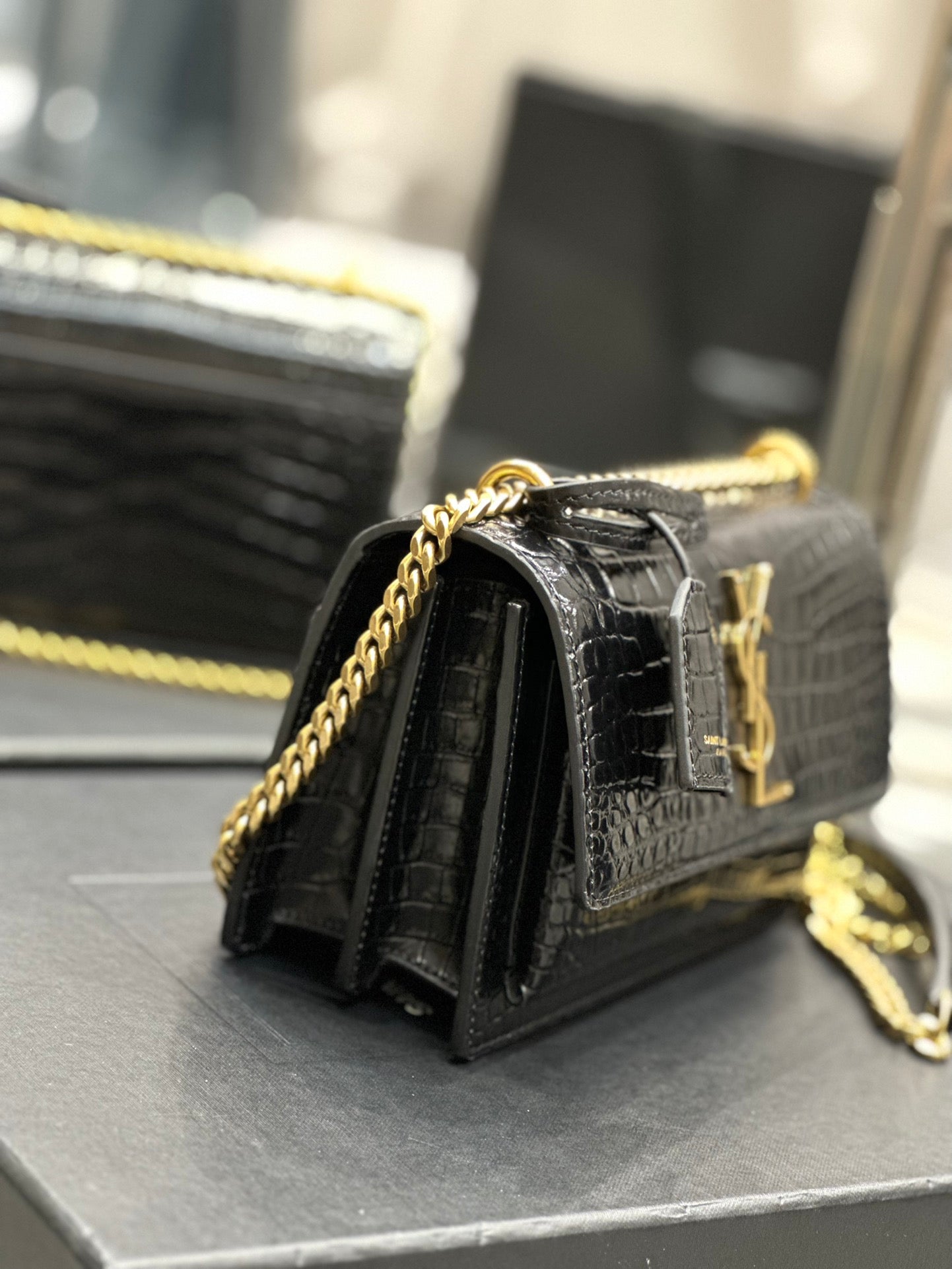 Saint Laurent Sunset Medium Shoulder Bag in Croc-Embossed Leather - Black