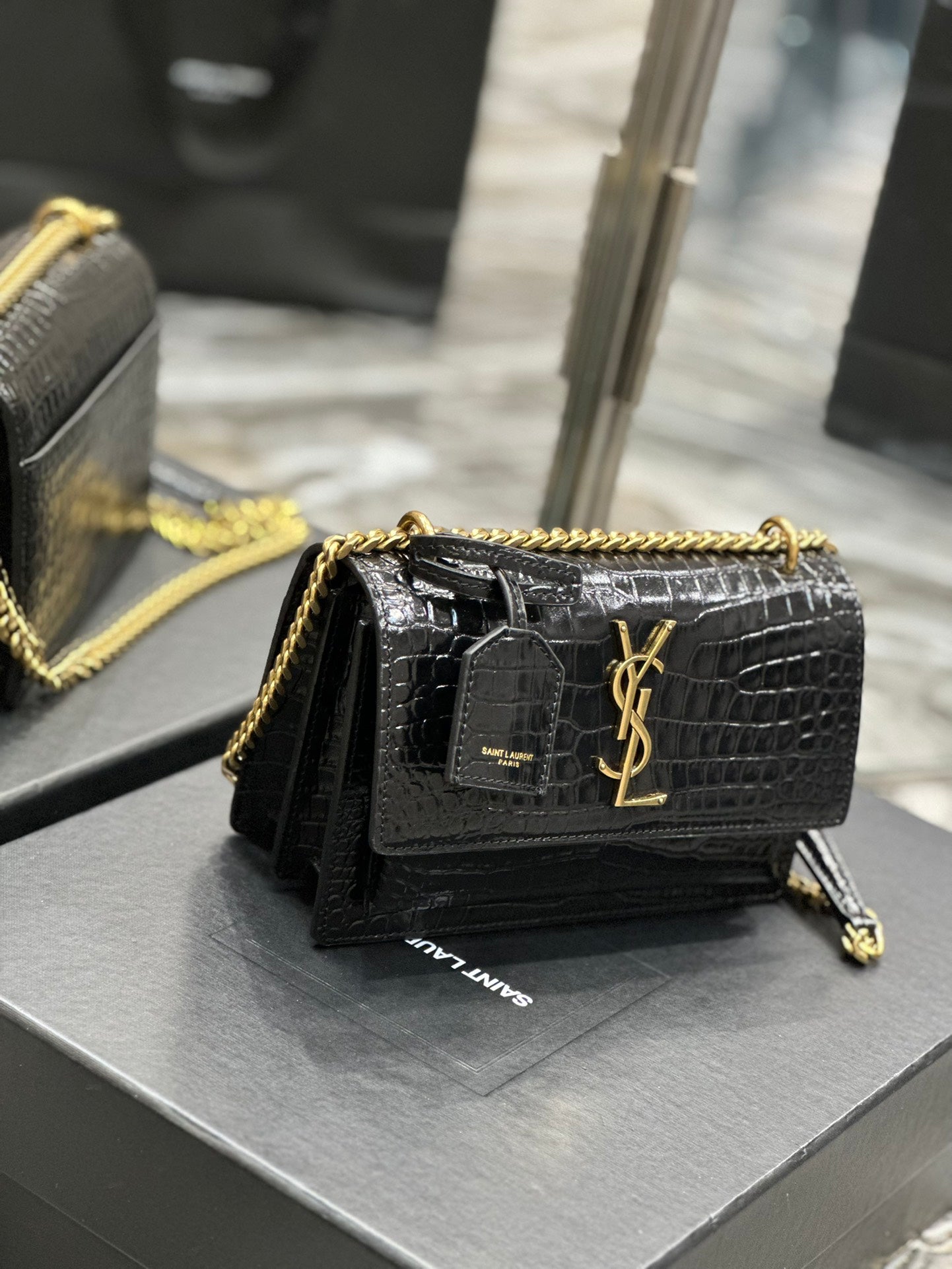 Saint Laurent Sunset Medium Shoulder Bag in Croc-Embossed Leather - Black
