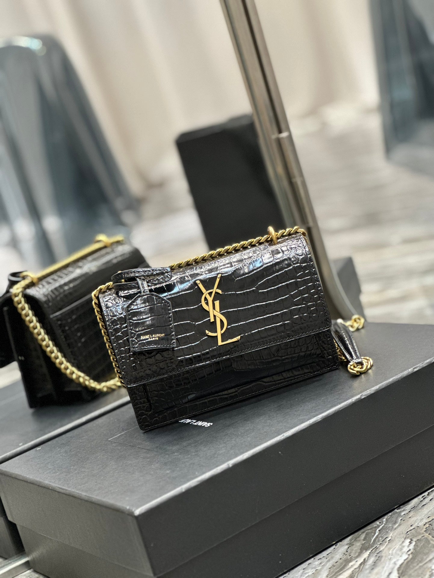 Saint Laurent Sunset Medium Shoulder Bag in Croc-Embossed Leather - Black