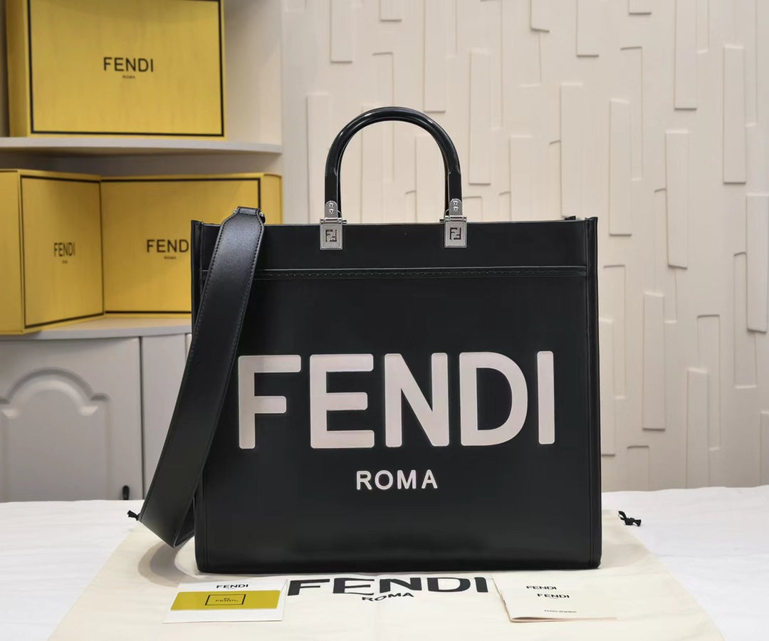 Fendi Sunshine Medium Shopper Tote Bag - Black Leather with White Logo