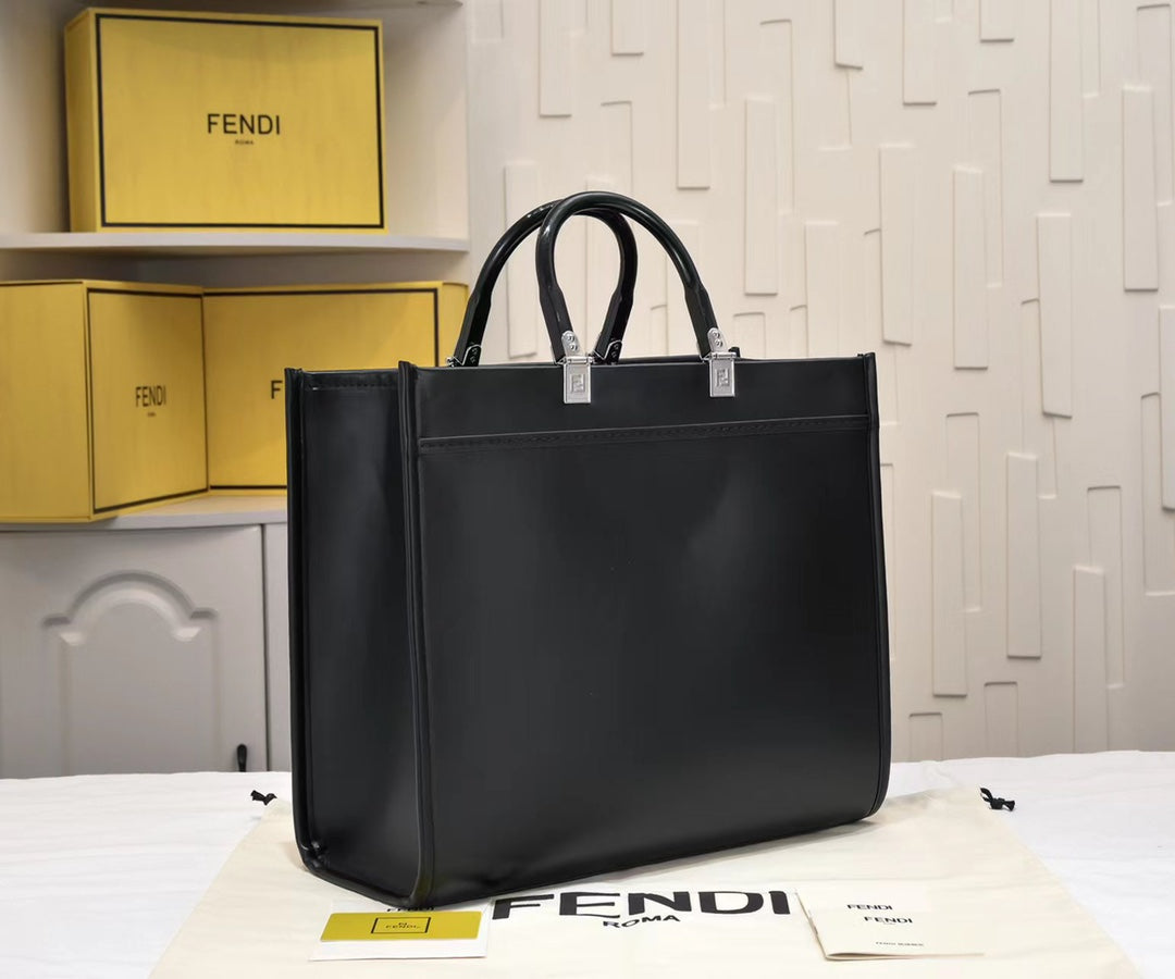 Fendi Sunshine Medium Shopper Tote Bag - Black Leather with White Logo