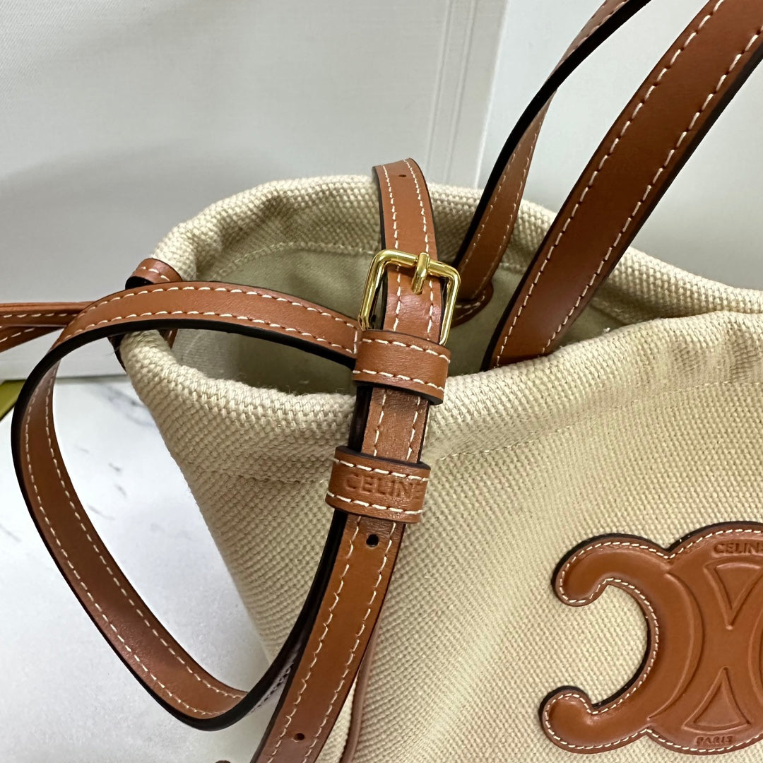 Celine Small Triomphe Cabas Drawstring Bag in Canvas and Calfskin