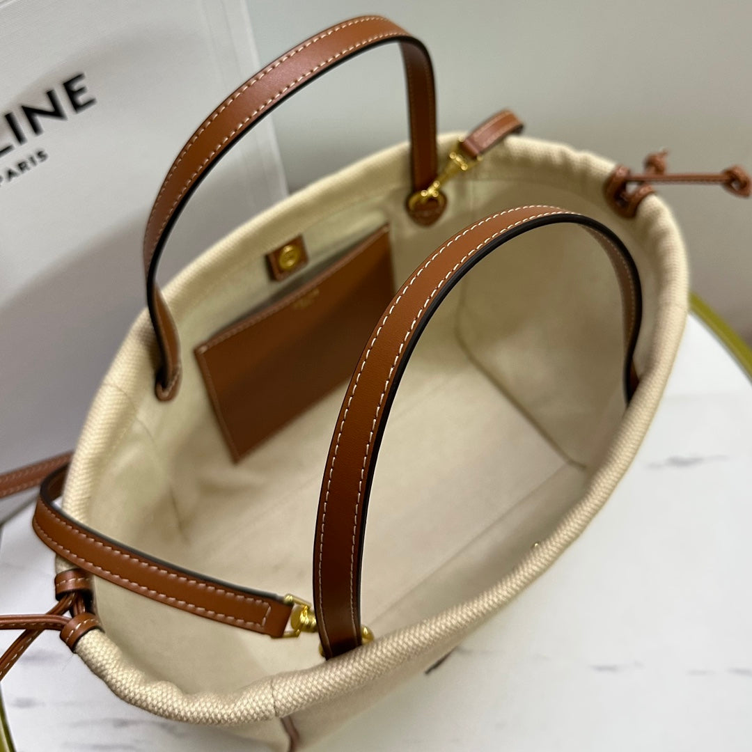 Celine Small Triomphe Cabas Drawstring Bag in Canvas and Calfskin