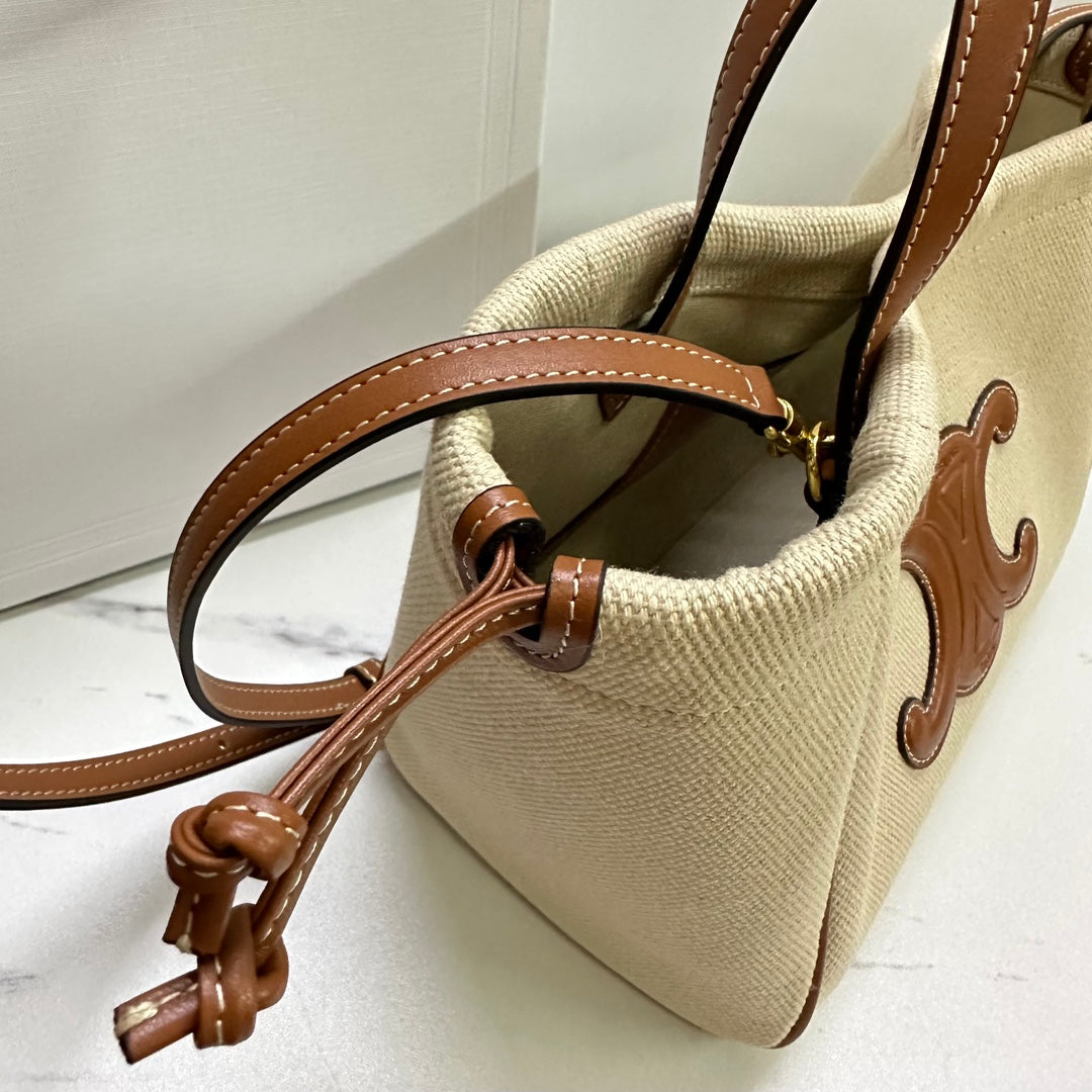 Celine Small Triomphe Cabas Drawstring Bag in Canvas and Calfskin