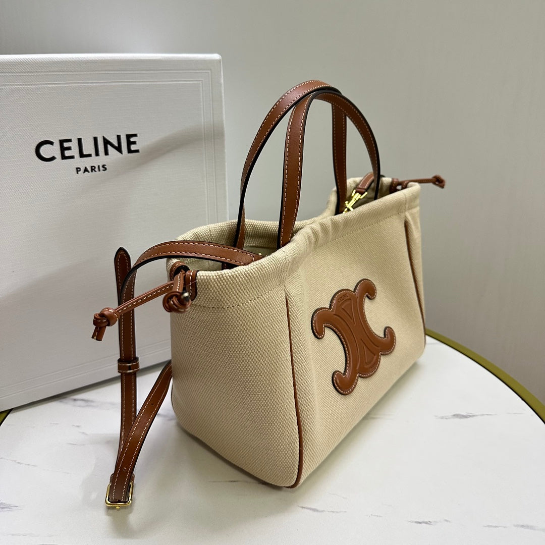 Celine Small Triomphe Cabas Drawstring Bag in Canvas and Calfskin