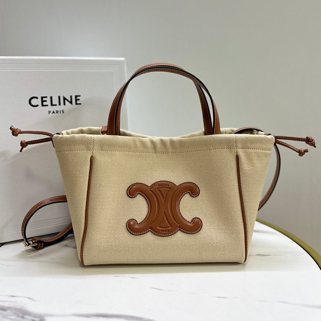 Celine Small Triomphe Cabas Drawstring Bag in Canvas and Calfskin