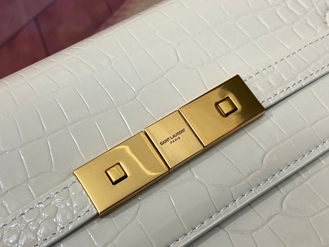 Elegant Croc-Embossed Leather Crossbody Bag with Gold-Tone Hardware - Cream