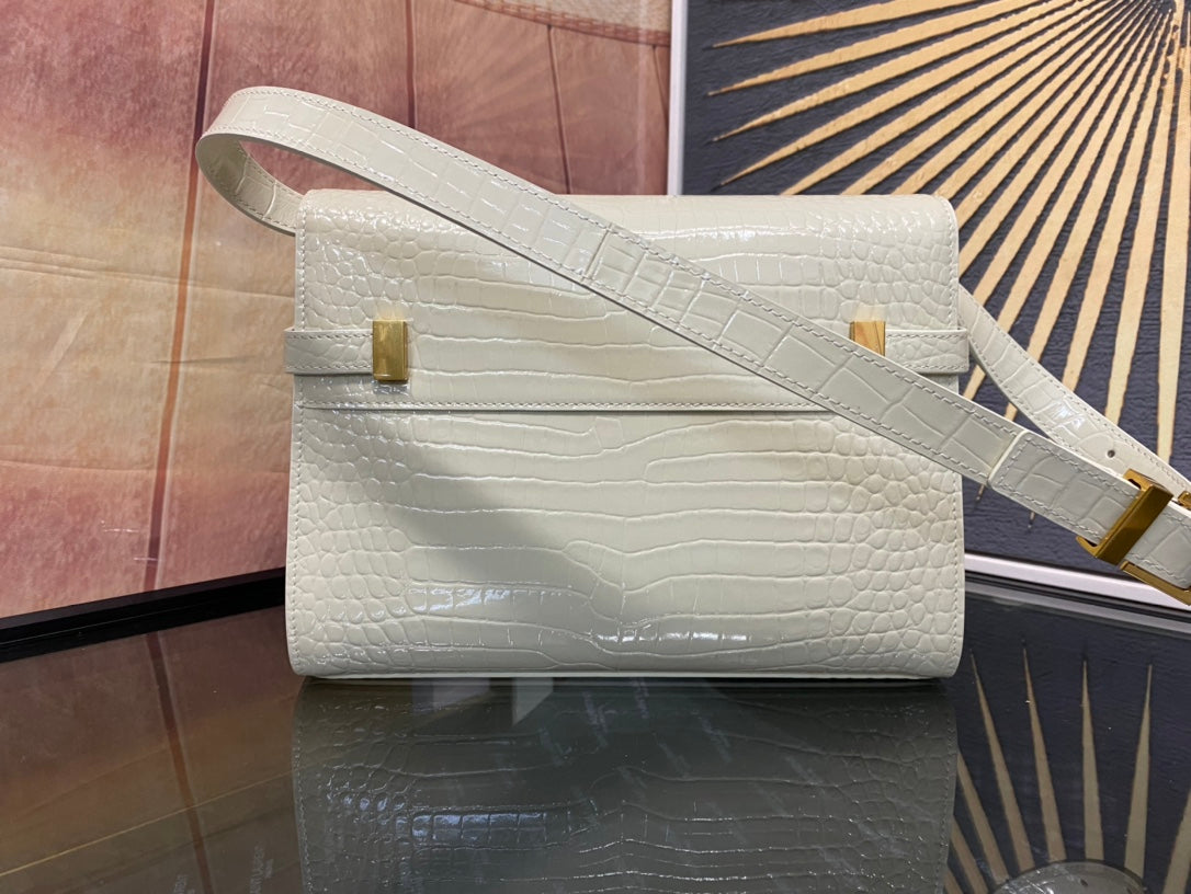 Elegant Croc-Embossed Leather Crossbody Bag with Gold-Tone Hardware - Cream