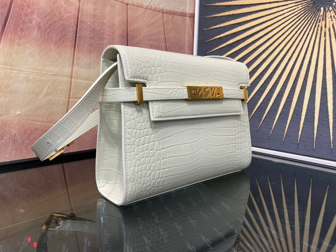 Elegant Croc-Embossed Leather Crossbody Bag with Gold-Tone Hardware - Cream