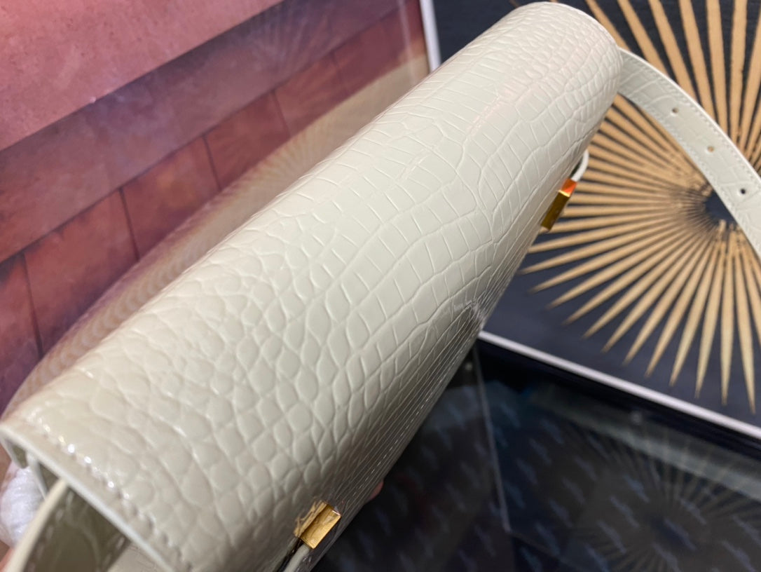 Elegant Croc-Embossed Leather Crossbody Bag with Gold-Tone Hardware - Cream
