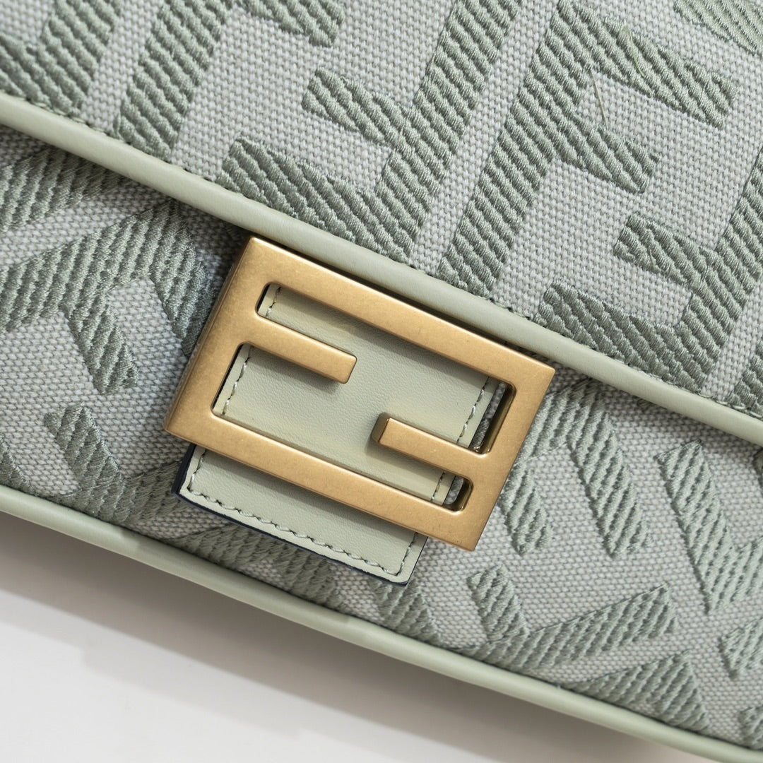 Fendi FF Monogram Baguette Bag in Sage Green Canvas - Small Shoulder Bag