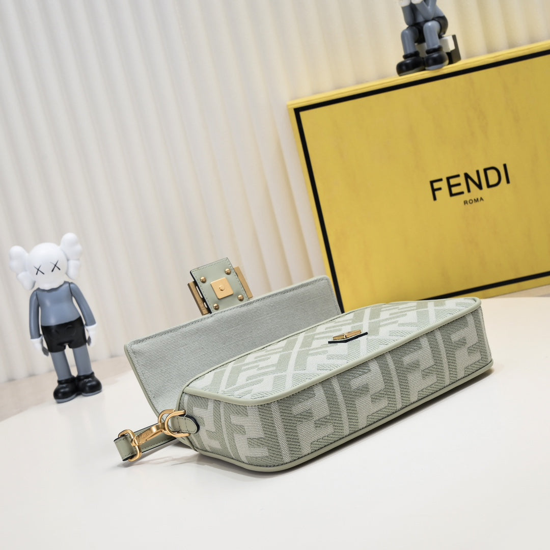 Fendi FF Monogram Baguette Bag in Sage Green Canvas - Small Shoulder Bag