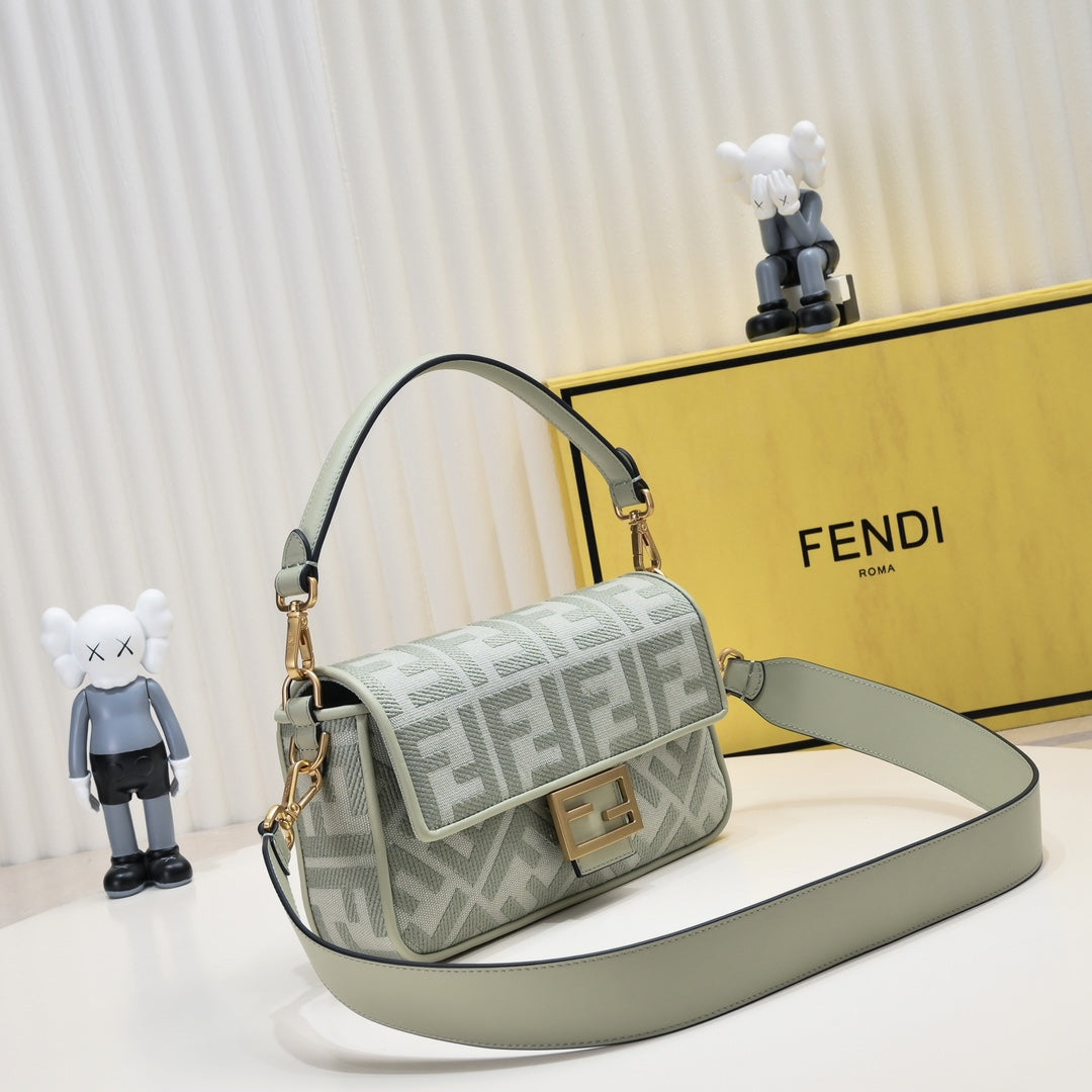 Fendi FF Monogram Baguette Bag in Sage Green Canvas - Small Shoulder Bag