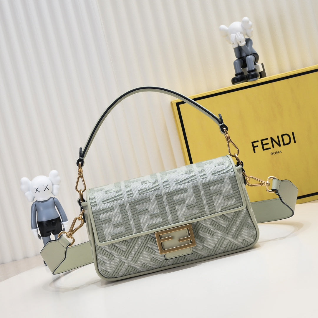 Fendi FF Monogram Baguette Bag in Sage Green Canvas - Small Shoulder Bag