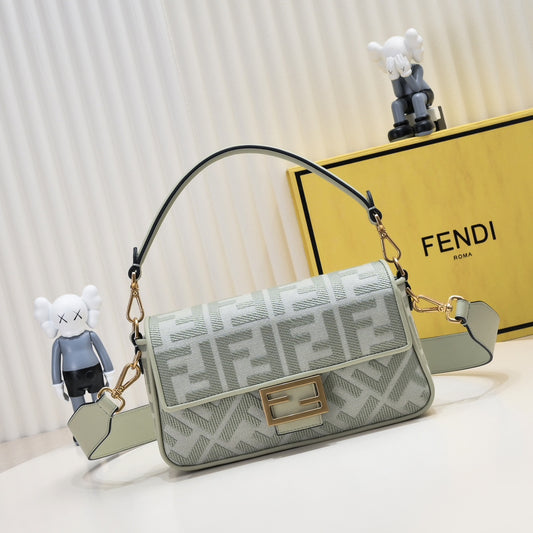 Fendi FF Monogram Baguette Bag in Sage Green Canvas - Small Shoulder Bag