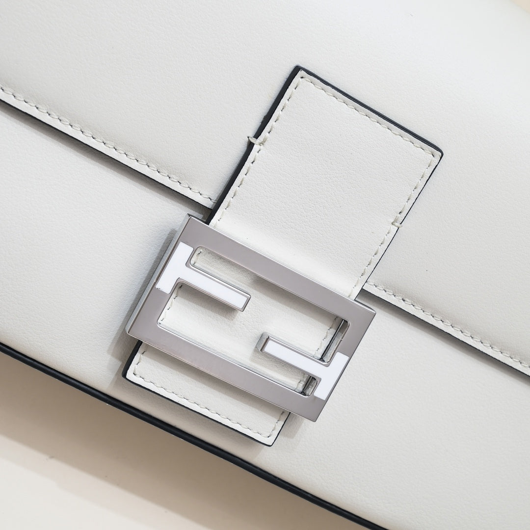 Fendi Baguette White Leather Shoulder Bag with Silver FF Buckle