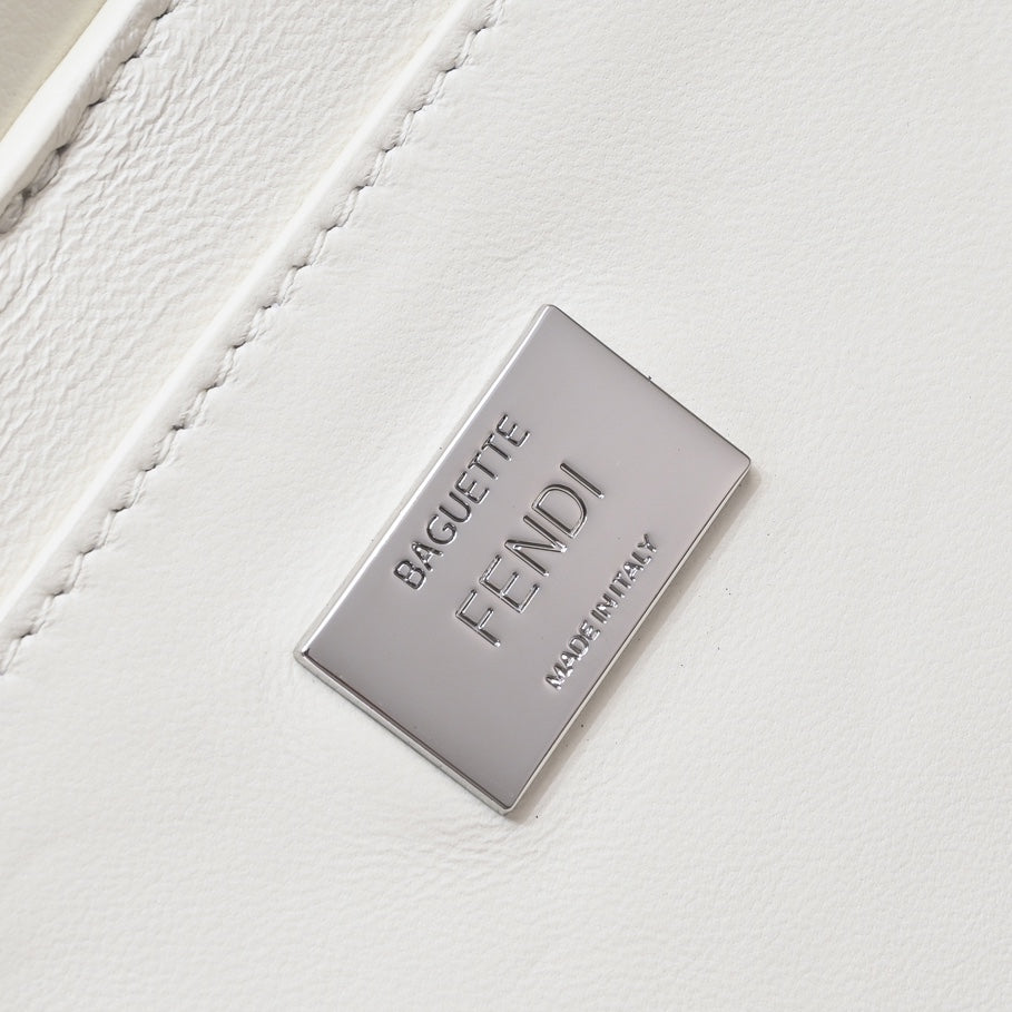Fendi Baguette White Leather Shoulder Bag with Silver FF Buckle