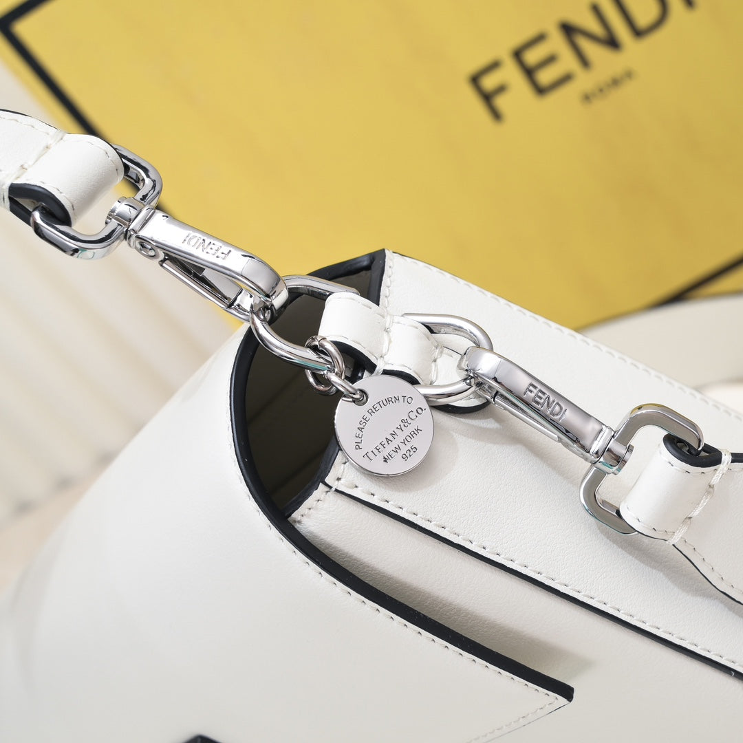 Fendi Baguette White Leather Shoulder Bag with Silver FF Buckle