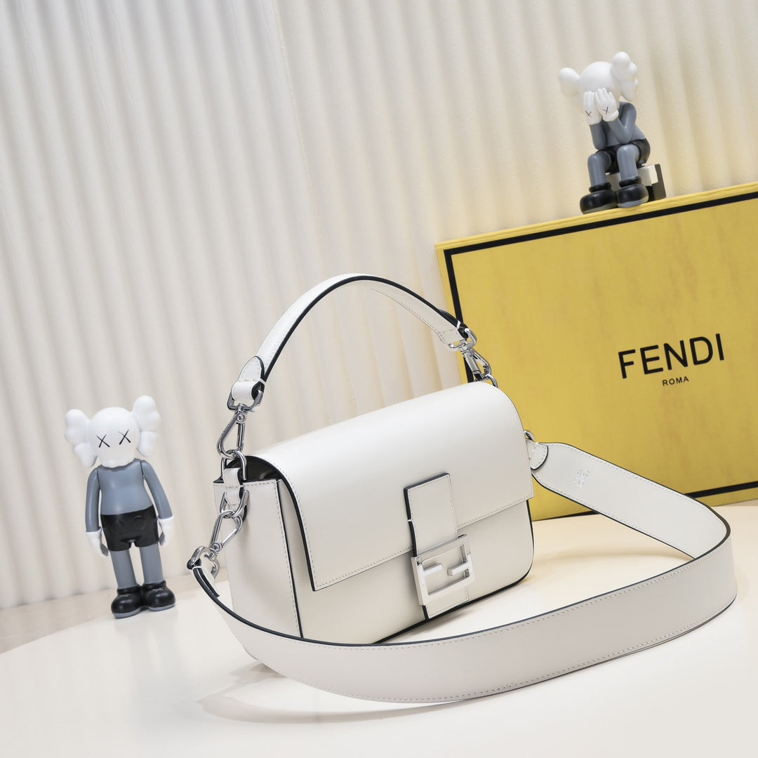 Fendi Baguette White Leather Shoulder Bag with Silver FF Buckle