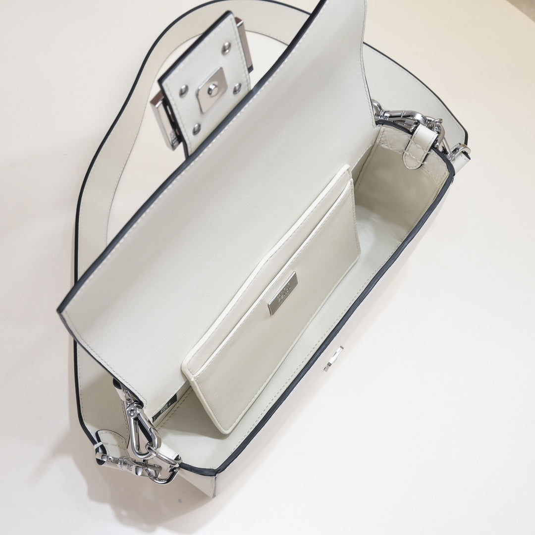Fendi Baguette White Leather Shoulder Bag with Silver FF Buckle