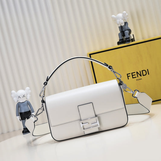 Fendi Baguette White Leather Shoulder Bag with Silver FF Buckle