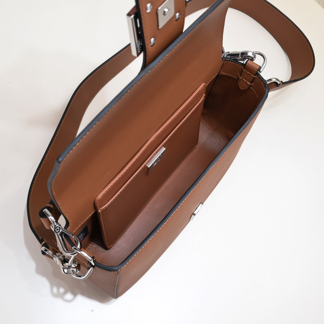 Fendi Brown Leather Baguette Crossbody Handbag with Gold-Tone Hardware