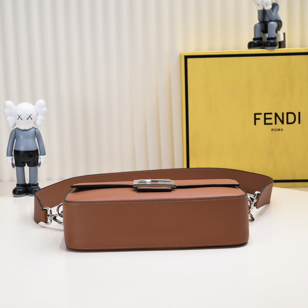 Fendi Brown Leather Baguette Crossbody Handbag with Gold-Tone Hardware