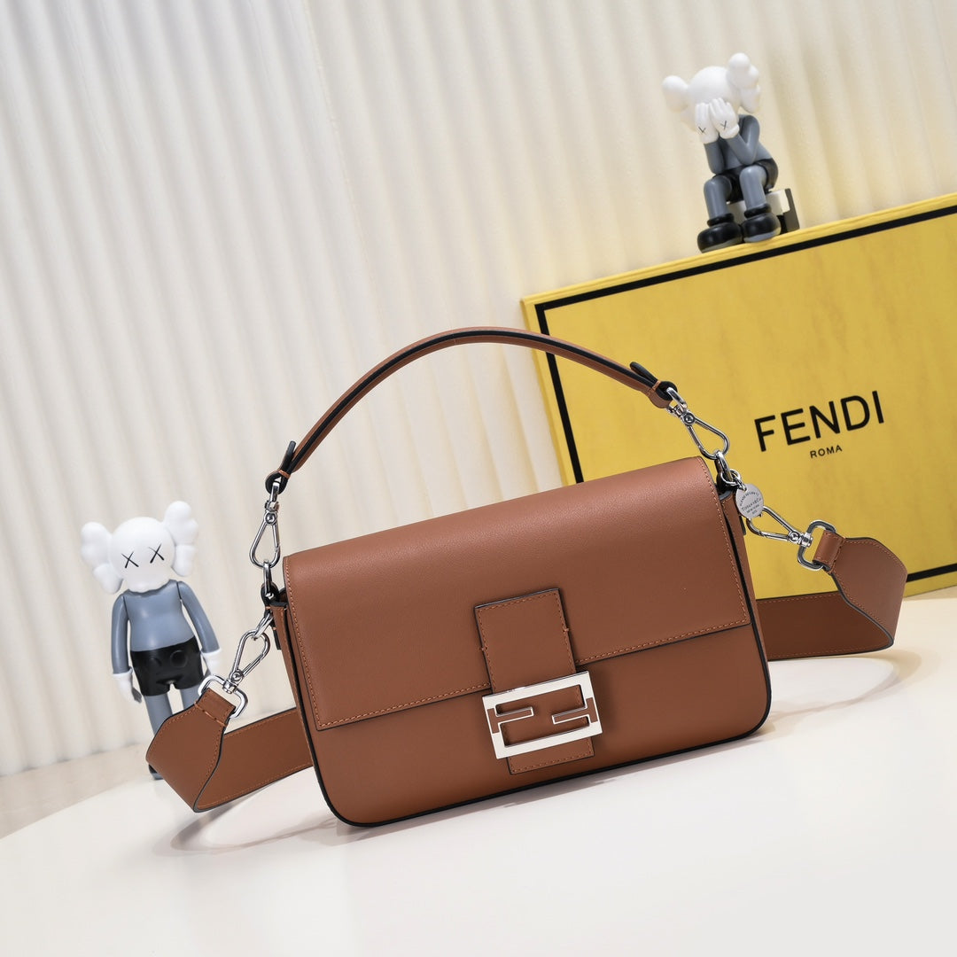 Fendi Brown Leather Baguette Crossbody Handbag with Gold-Tone Hardware