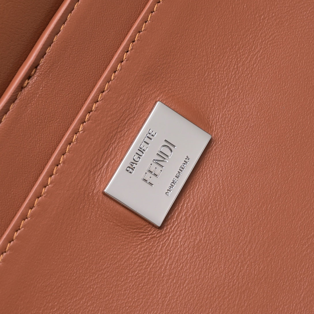 Fendi Brown Leather Baguette Crossbody Handbag with Gold-Tone Hardware