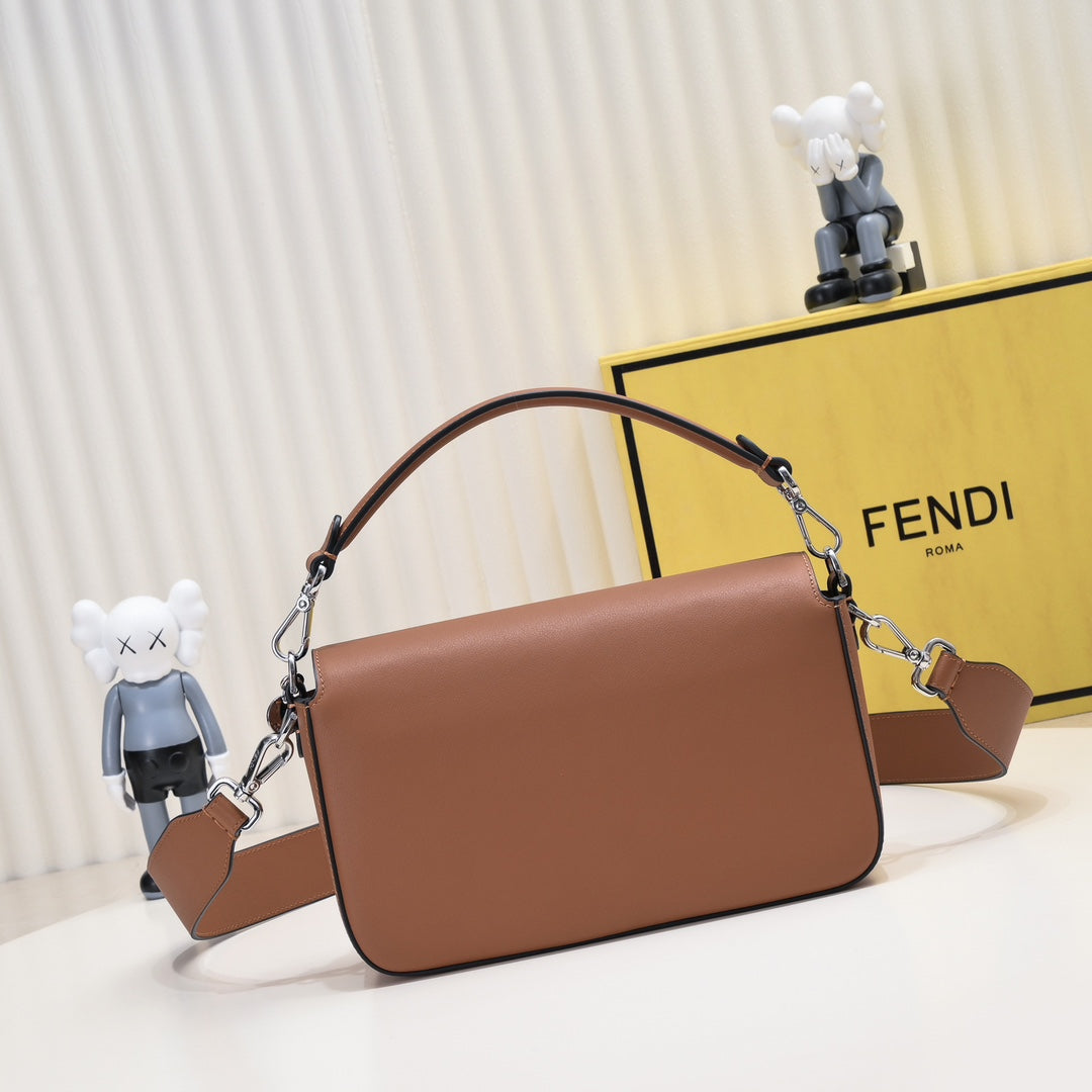 Fendi Brown Leather Baguette Crossbody Handbag with Gold-Tone Hardware
