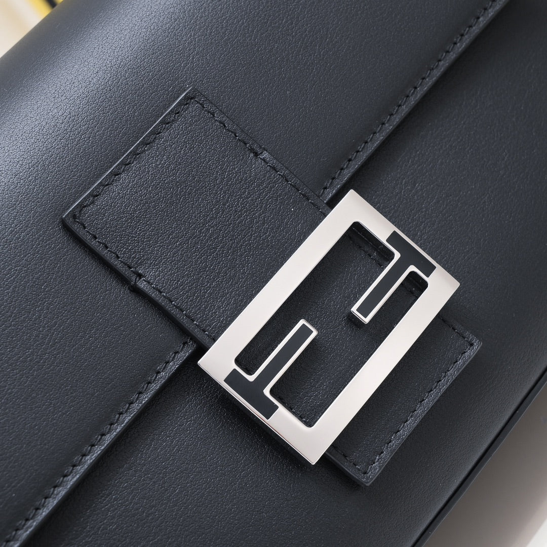 Fendi Black Leather Baguette Bag with Silver-Tone Hardware