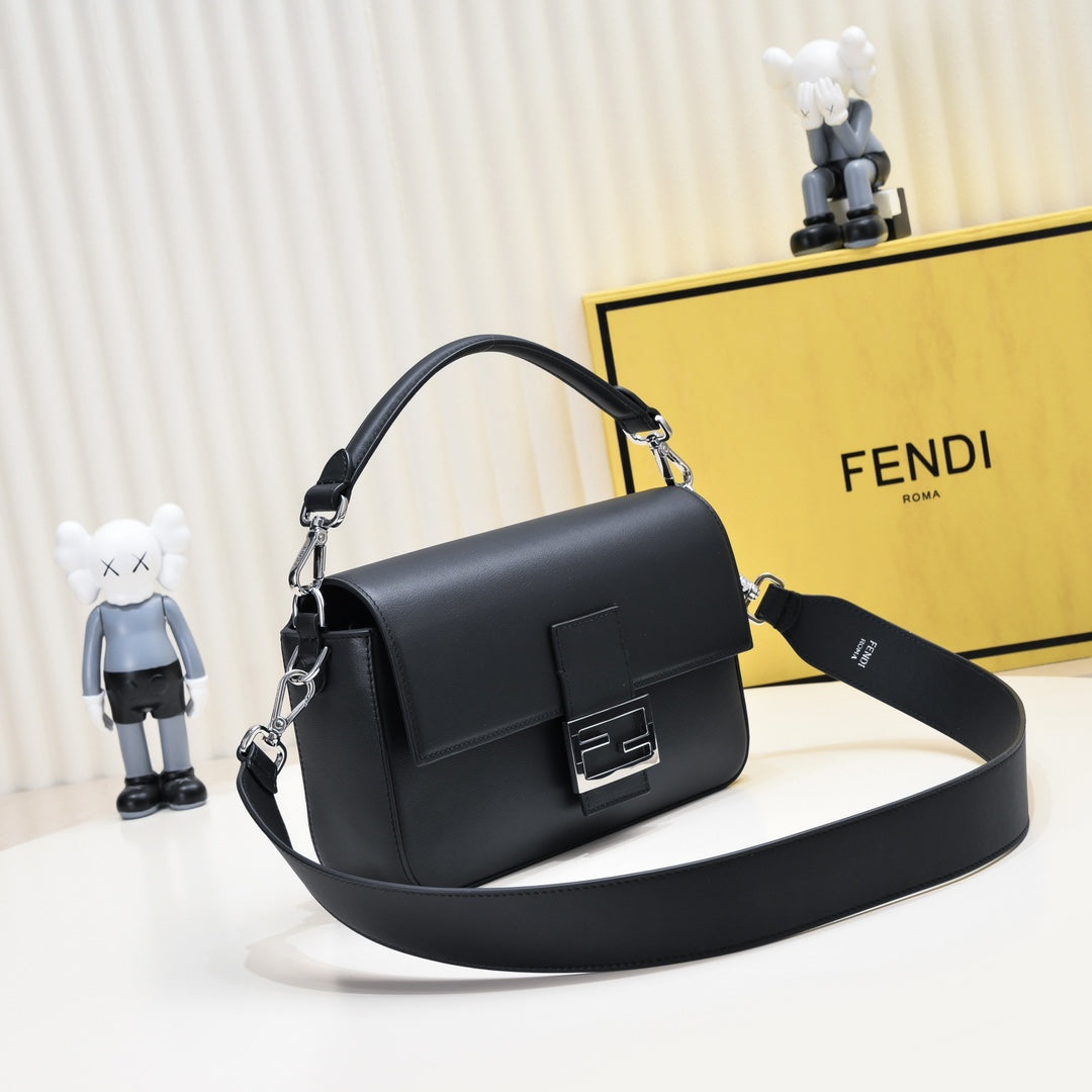 Fendi Black Leather Baguette Bag with Silver-Tone Hardware