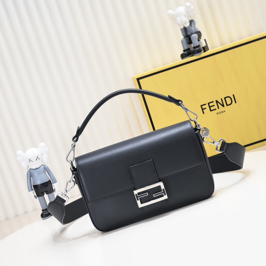 Fendi Black Leather Baguette Bag with Silver-Tone Hardware